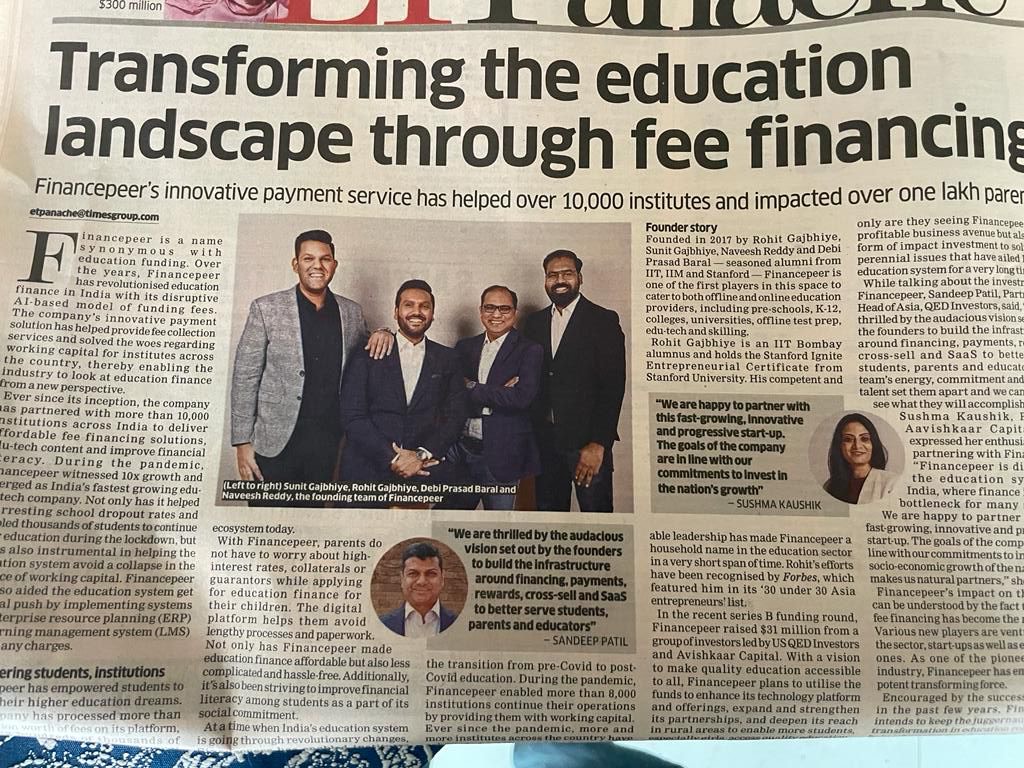 Transforming the education landscape through fee financing – Detailed Story by Economic Times (ET) Panache - Featured
